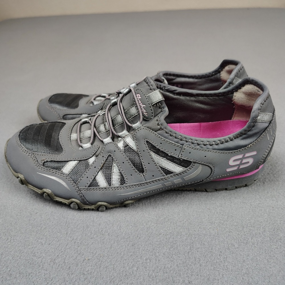 Skechers Biker Shoe Women Sz 9 Gray Pink Leather Bungee Slip On Sneaker Walking - Picture 9 of 9